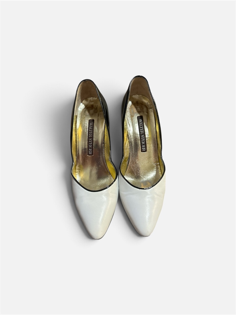 Walter Steiger White Leather Pointed Pumps with Black Trim and Gold Insole